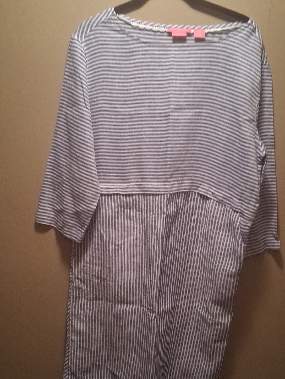 Isaac Mizrahi Blue and White Striped Linen  Long Sleeve Beach Cover Up W Pockets